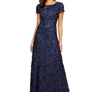 NWT Alex Evenings Navy Rosetta A-Line Gown 14